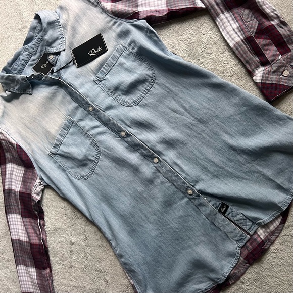 Rails Tops - NWT Rails Harper Tencel Collar Button Down Chambray Denim Plaid Long Sleeve Top